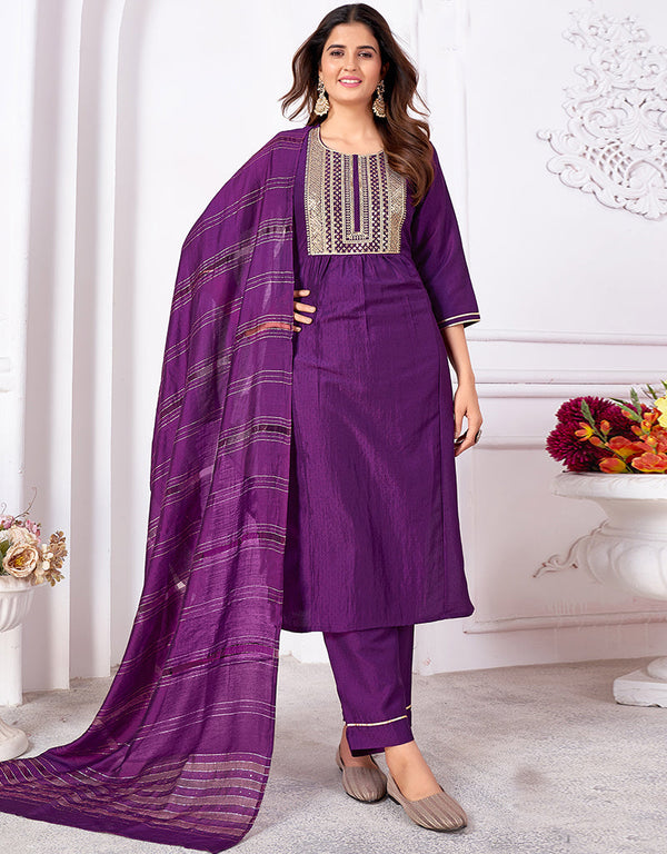 fashionable purple vertical silk designer function wear silk readymade suit collection with purple vertical silk rt8920-184840 Front View